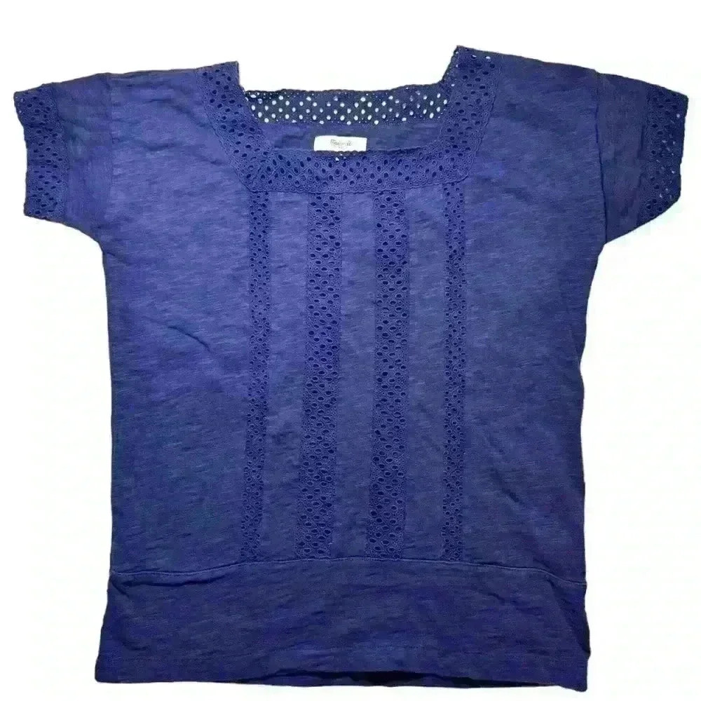 Madewell Navy Blue Eyelet Inset VIGNETTE Shirt Women's top size XS​ - Picture 3 of 9